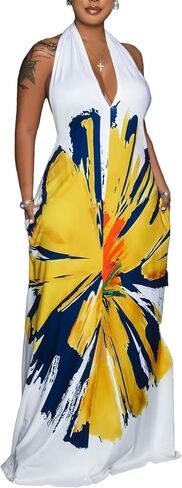 Womens Sexy Summer Dresses Halter Neck Plus Size Long Maxi Dress Casual Floral Beach Sun Dresses with Pockets in Saudi Arabia