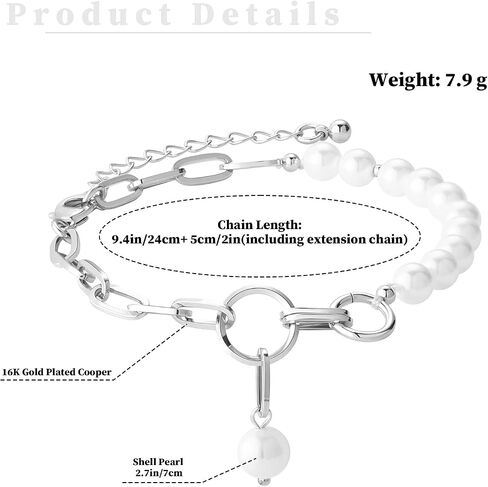 Gold Pearl Bracelets for Women - 16K Chain Paperclip Charm Dainty Bracelet Pearl Chain and Thick Link OT Buckle Stitching Jewelry in Saudi Arabia