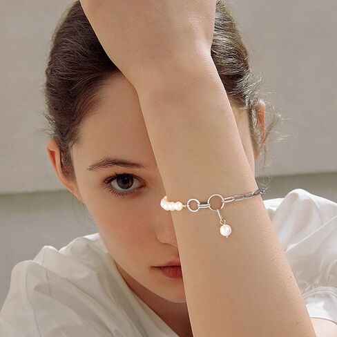 Gold Pearl Bracelets for Women - 16K Chain Paperclip Charm Dainty Bracelet Pearl Chain and Thick Link OT Buckle Stitching Jewelry in Saudi Arabia