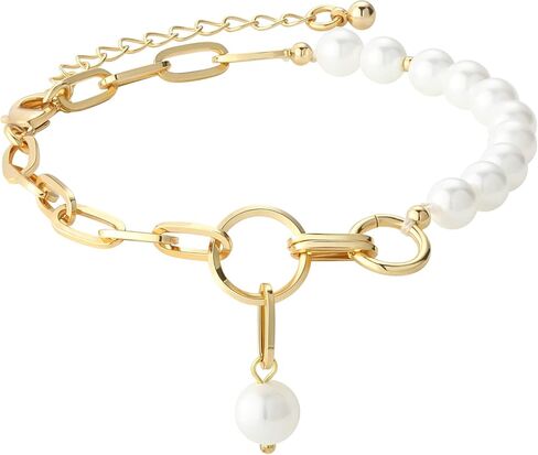 Gold Pearl Bracelets for Women - 16K Chain Paperclip Charm Dainty Bracelet Pearl Chain and Thick Link OT Buckle Stitching Jewelry in Saudi Arabia