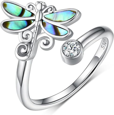 925 Sterling Silver Created Abalone Shell Dragonfly/Butterfly Adjustable Rings,Dainty Cubic Zirconia Animal Statement Rings Gifts for Women Girlfriend Teen Girls in Saudi Arabia