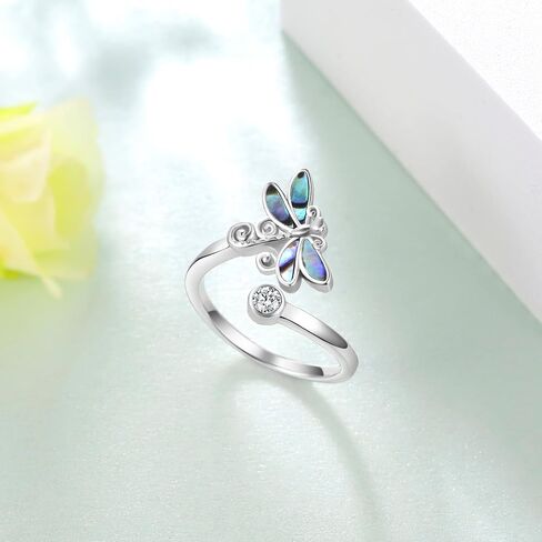 925 Sterling Silver Created Abalone Shell Dragonfly/Butterfly Adjustable Rings,Dainty Cubic Zirconia Animal Statement Rings Gifts for Women Girlfriend Teen Girls in Saudi Arabia