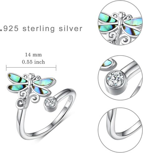 925 Sterling Silver Created Abalone Shell Dragonfly/Butterfly Adjustable Rings,Dainty Cubic Zirconia Animal Statement Rings Gifts for Women Girlfriend Teen Girls in Saudi Arabia