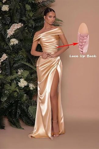 Champagne Satin Prom Dresses 2024 Open Back Corset Off The Shoulder Mermaid Bridesmaid Dress with Slit Size 6 in Saudi Arabia