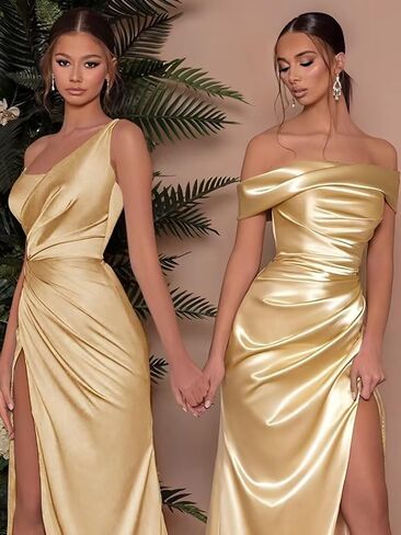 Champagne Satin Prom Dresses 2024 Open Back Corset Off The Shoulder Mermaid Bridesmaid Dress with Slit Size 6 in Saudi Arabia