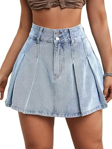 Milumia Women's Pleated Denim Skirt Trendy High Waisted Mini Jean Skater Skirts in Saudi Arabia
