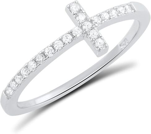 SILVERCLOSEOUT Rhodium Plated Sterling Silver Thin Womens Cz Cubic Zirconia Stackable Sideways Cross Ring Size 4-12 in Saudi Arabia