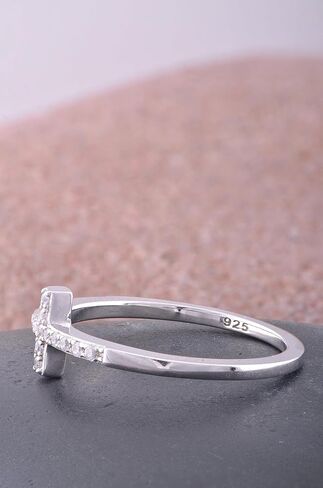 SILVERCLOSEOUT Rhodium Plated Sterling Silver Thin Womens Cz Cubic Zirconia Stackable Sideways Cross Ring Size 4-12 in Saudi Arabia