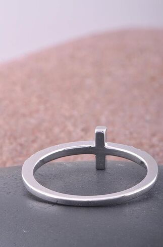 SILVERCLOSEOUT Rhodium Plated Sterling Silver Thin Womens Cz Cubic Zirconia Stackable Sideways Cross Ring Size 4-12 in Saudi Arabia