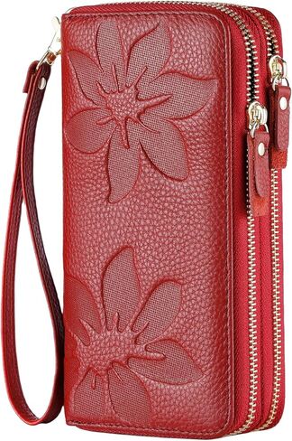 محافظ للنساء معصم RFID من الجلد الطبيعي بسحاب مزدوج وحامل بطاقة الائتمان محفظة كبيرة للسيدات in Kuwait