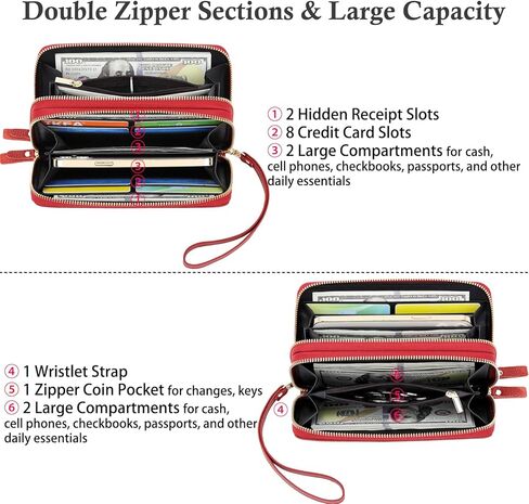 محافظ للنساء معصم RFID من الجلد الطبيعي بسحاب مزدوج وحامل بطاقة الائتمان محفظة كبيرة للسيدات in Kuwait