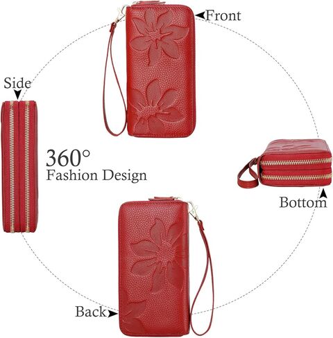 محافظ للنساء معصم RFID من الجلد الطبيعي بسحاب مزدوج وحامل بطاقة الائتمان محفظة كبيرة للسيدات in Kuwait