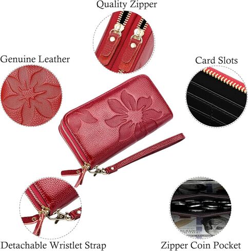 محافظ للنساء معصم RFID من الجلد الطبيعي بسحاب مزدوج وحامل بطاقة الائتمان محفظة كبيرة للسيدات in Kuwait