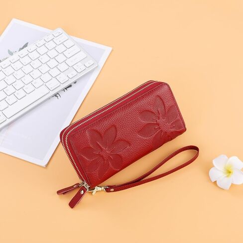 محافظ للنساء معصم RFID من الجلد الطبيعي بسحاب مزدوج وحامل بطاقة الائتمان محفظة كبيرة للسيدات in Kuwait