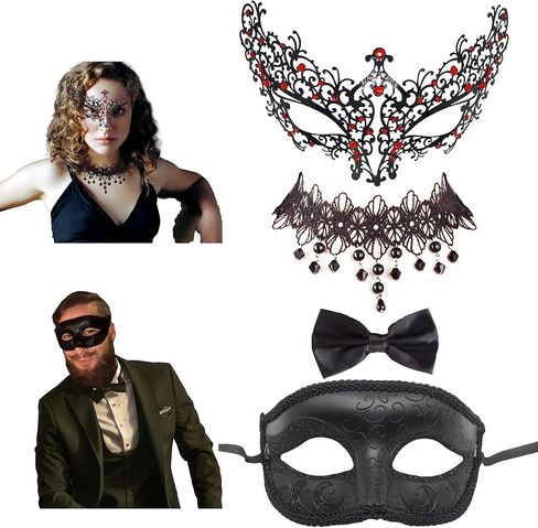 قناع تنكر معدني للأزواج - 4 قطع أقنعة تنكرية سوداء من أقنعة البندقية مع ربطة عنق سوداء للأزياء التنكرية، ماردي جراس، الهالوين، حفلات الزفاف - مجموعة أقنعة تنكرية للأزواج، 7.8 × 2.3 × 3.9 بوصة in Kuwait