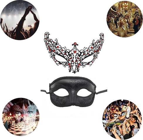 قناع تنكر معدني للأزواج - 4 قطع أقنعة تنكرية سوداء من أقنعة البندقية مع ربطة عنق سوداء للأزياء التنكرية، ماردي جراس، الهالوين، حفلات الزفاف - مجموعة أقنعة تنكرية للأزواج، 7.8 × 2.3 × 3.9 بوصة in Kuwait