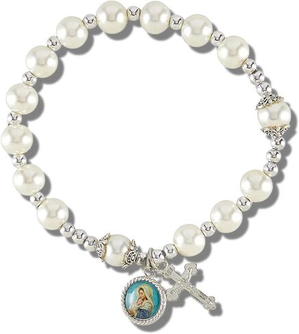 Mary, My Spiritual Mother Beaded Stretch Rosary Bracelet with Silver Tone Charm and Crucifix, Catholic Jewelry for Women, Inspirational and Faith Based Mother's Day Gifts, One Size Fits Most in Saudi Arabia