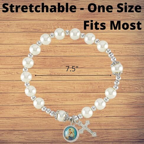 Mary, My Spiritual Mother Beaded Stretch Rosary Bracelet with Silver Tone Charm and Crucifix, Catholic Jewelry for Women, Inspirational and Faith Based Mother's Day Gifts, One Size Fits Most in Saudi Arabia