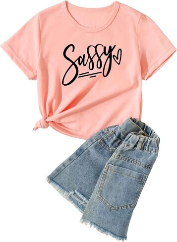 OYOANGLE Girl's Letter Graphic Short Sleeve Round Neck T Shirt Summer Casual Tee Top in Saudi Arabia