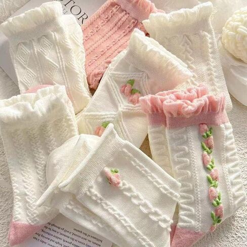 5 Pair Cute White Ruffle Socks Women Cottagecore Floral Ankle Socks Kawaii Crew Socks Japanese Aesthetic Cotton Socks in Saudi Arabia