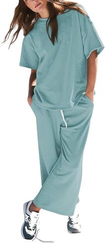 Pink Queen Womens Two Piece Outfits Short Sleeve Pullover Tops and Drawstring Wide Leg Pants Jogger Lounge Sets in Saudi Arabia