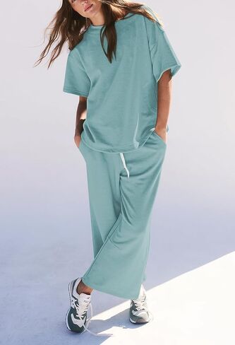 Pink Queen Womens Two Piece Outfits Short Sleeve Pullover Tops and Drawstring Wide Leg Pants Jogger Lounge Sets in Saudi Arabia