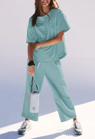 Pink Queen Womens Two Piece Outfits Short Sleeve Pullover Tops and Drawstring Wide Leg Pants Jogger Lounge Sets in Saudi Arabia