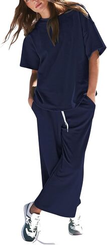 Pink Queen Womens Two Piece Outfits Short Sleeve Pullover Tops and Drawstring Wide Leg Pants Jogger Lounge Sets in Saudi Arabia