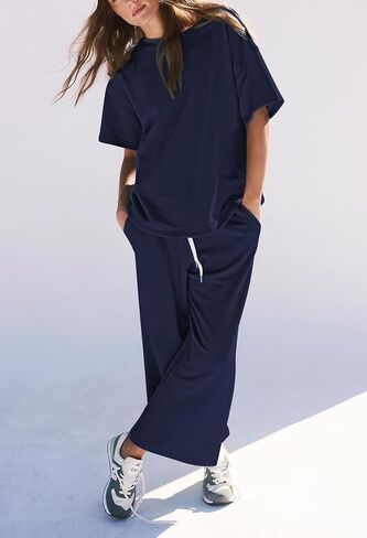 Pink Queen Womens Two Piece Outfits Short Sleeve Pullover Tops and Drawstring Wide Leg Pants Jogger Lounge Sets in Saudi Arabia