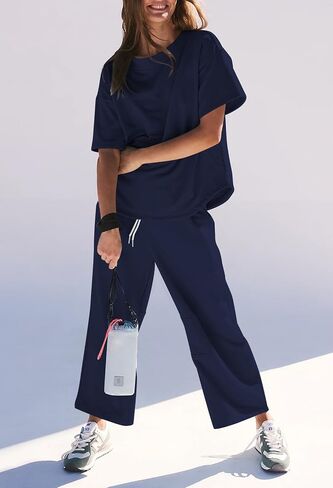 Pink Queen Womens Two Piece Outfits Short Sleeve Pullover Tops and Drawstring Wide Leg Pants Jogger Lounge Sets in Saudi Arabia