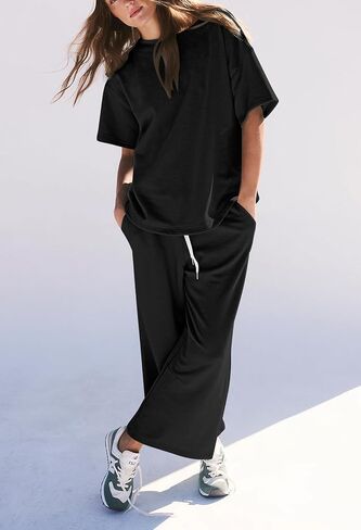 Pink Queen Womens Two Piece Outfits Short Sleeve Pullover Tops and Drawstring Wide Leg Pants Jogger Lounge Sets in Saudi Arabia