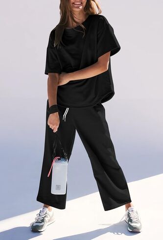 Pink Queen Womens Two Piece Outfits Short Sleeve Pullover Tops and Drawstring Wide Leg Pants Jogger Lounge Sets in Saudi Arabia