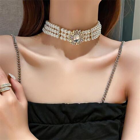 Multilayer Simulated Pearl Choker Necklace for Women 1920s Rhinestone Crystal Chunky Short Choker Necklace Chain Prom Party Dating Bridal Wedding Jewelry for Girls in Saudi Arabia