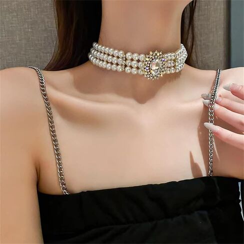 Multilayer Simulated Pearl Choker Necklace for Women 1920s Rhinestone Crystal Chunky Short Choker Necklace Chain Prom Party Dating Bridal Wedding Jewelry for Girls in Saudi Arabia