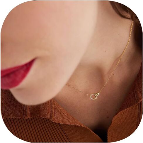 NOKMIT 14K Gold Necklace for Women Girls Dainty Gold Cute Cubic Zirconia Sister Pendant Necklace Interlocking Choker Necklace Circles Paperclip Heart Sun Moon Charm Jewelry Gifts for Her in Saudi Arabia