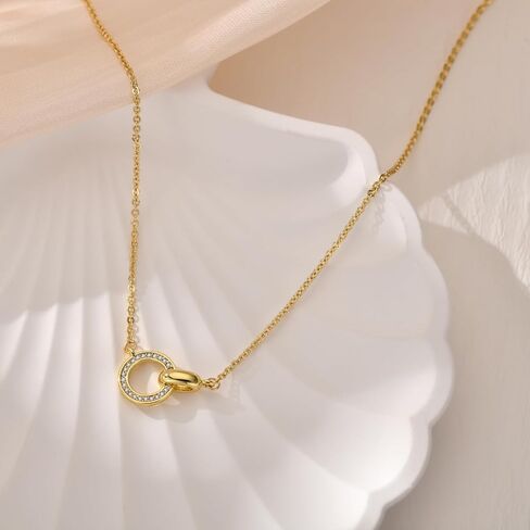 NOKMIT 14K Gold Necklace for Women Girls Dainty Gold Cute Cubic Zirconia Sister Pendant Necklace Interlocking Choker Necklace Circles Paperclip Heart Sun Moon Charm Jewelry Gifts for Her in Saudi Arabia