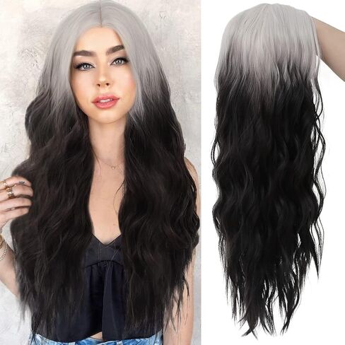 Kaneles White and Black Curly Women Wigs Long Wave Hair for Halloween Cosplay Costume Synthetic Ombre Wigs in Saudi Arabia