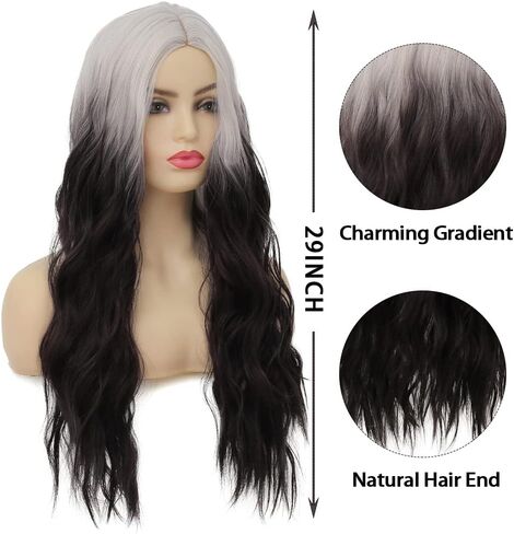 Kaneles White and Black Curly Women Wigs Long Wave Hair for Halloween Cosplay Costume Synthetic Ombre Wigs in Saudi Arabia