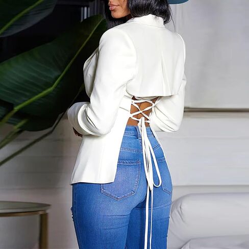 ايبولاترايز بليزر مثير للنساء برقبة على شكل حرف V وفتحة خلفية ورباط واكمام طويلة مفتوح من الامام جاكيت بدلة كاجوال للعمل in Kuwait