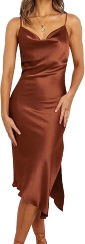 PRETTYGARDEN Women's Satin Dress Sleeveless Spaghetti Strap Side Slit Cowl Neck Midi Bodycon Dresses in Saudi Arabia
