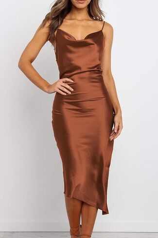 PRETTYGARDEN Women's Satin Dress Sleeveless Spaghetti Strap Side Slit Cowl Neck Midi Bodycon Dresses in Saudi Arabia
