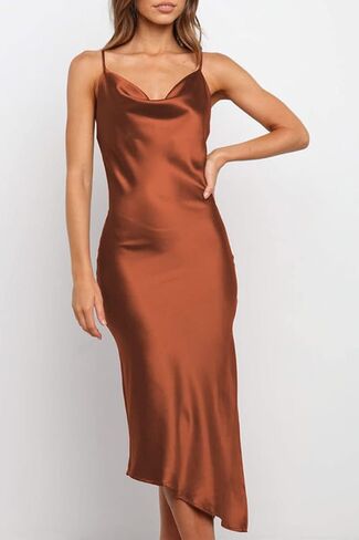 PRETTYGARDEN Women's Satin Dress Sleeveless Spaghetti Strap Side Slit Cowl Neck Midi Bodycon Dresses in Saudi Arabia