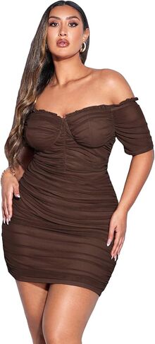 WDIRARA Women's Plus Size Off Shoulder Ruched Mesh Frill Tummy Control Knitted Pencil Bodycon Mini Dress in Saudi Arabia