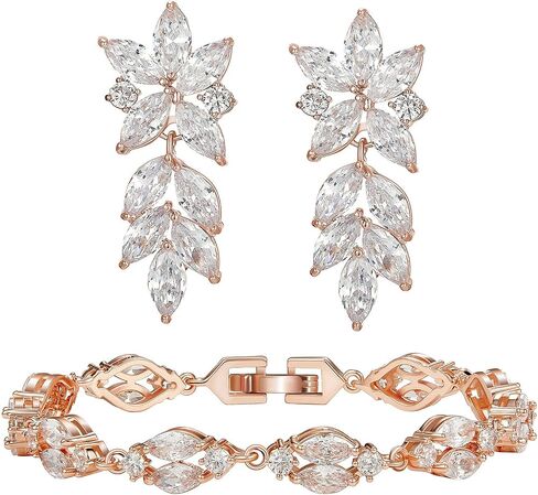 SWEETV Rose Gold Marquise Wedding Earrings and Bracelets Jewelry Set for Women Prom in Saudi Arabia