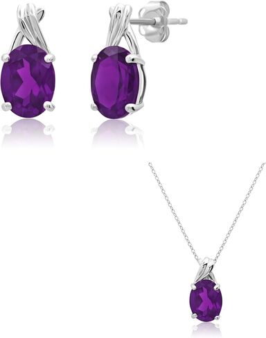 MAX + STONE 14k White Gold Amethyst Oval Drop Twist Stud Earrings and Drop Twist Setting Pendant Necklace for Women | 8mm x 6mm with Push Backs | 9mm x 7mm Birthstone with Adjustable Cable Chain in Saudi Arabia
