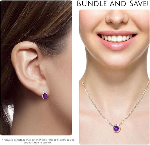 MAX + STONE 14k White Gold Amethyst Oval Drop Twist Stud Earrings and Drop Twist Setting Pendant Necklace for Women | 8mm x 6mm with Push Backs | 9mm x 7mm Birthstone with Adjustable Cable Chain in Saudi Arabia