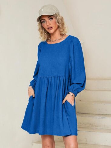 Simplee Apparel Womens Flowy Summer Tunic Dress Puff Sleeve Casual Babydoll Mini Dresses with Pockets in Saudi Arabia