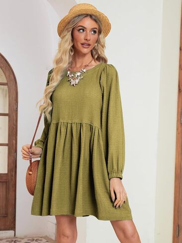 Simplee Apparel Womens Flowy Summer Tunic Dress Puff Sleeve Casual Babydoll Mini Dresses with Pockets in Saudi Arabia
