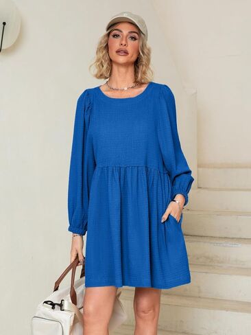 Simplee Apparel Womens Flowy Summer Tunic Dress Puff Sleeve Casual Babydoll Mini Dresses with Pockets in Saudi Arabia
