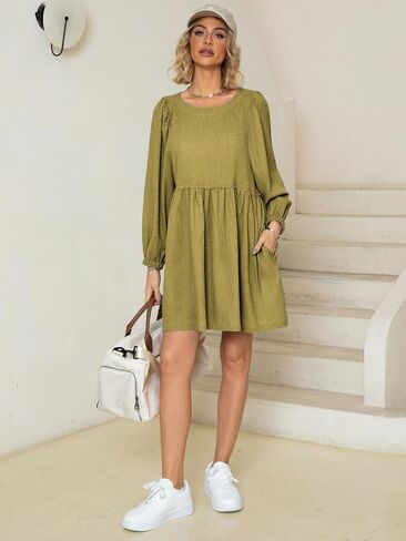 Simplee Apparel Womens Flowy Summer Tunic Dress Puff Sleeve Casual Babydoll Mini Dresses with Pockets in Saudi Arabia